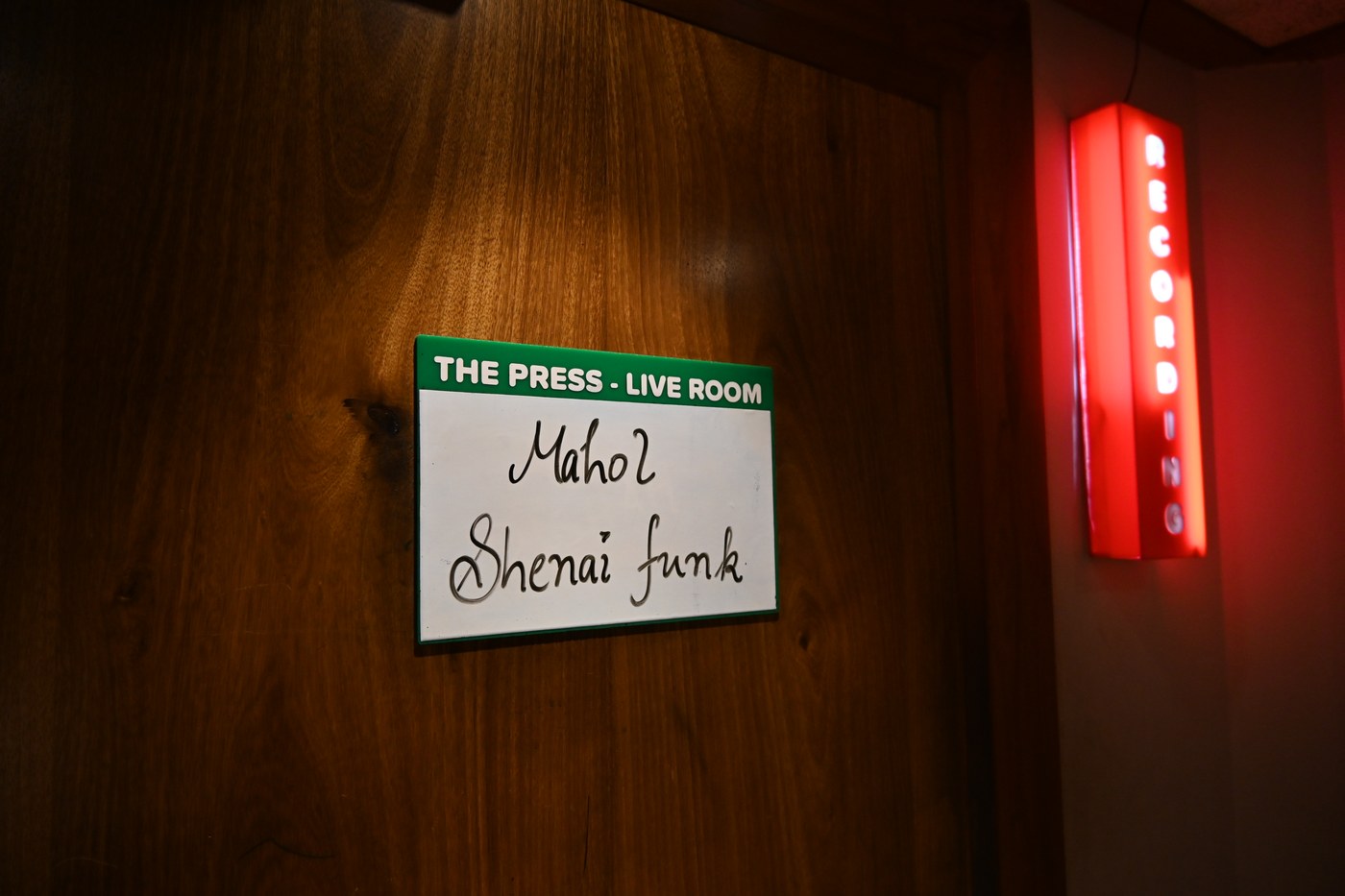 Studio live room door sign reading Mahol Shehnai Funk
